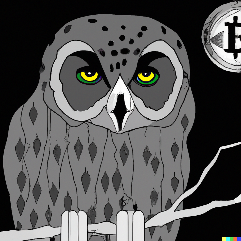 grey and black owl overlooking the downfall of society with bitcoin eyes